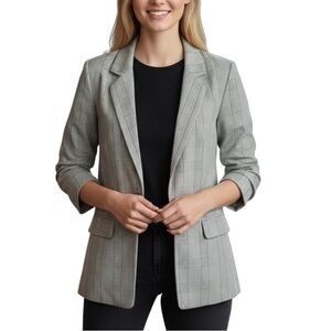 Abercrombie & Fitch Neutral Plaid Academia Preppy Open Front Blazer Large Grey
